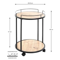 Desserte ronde sur roulettes avec plateaux en MDF décor chêne et en Tube d'acier laqué Noir