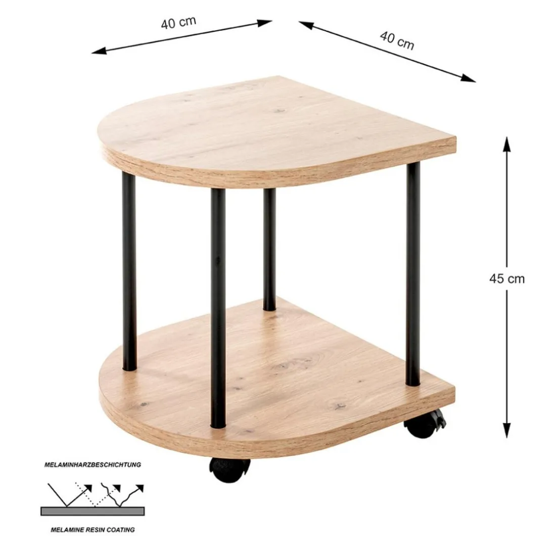 Desserte sur roulette avec double plateau décor chène bord arrondi