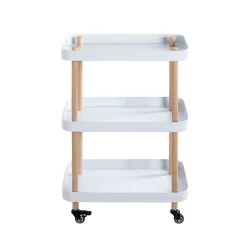Desserte trois niveaux en bois avec étagères en métal laqué blanc