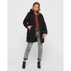 Doudoune Coupe-vent Capuche Finitions cordon de serrage Long noir