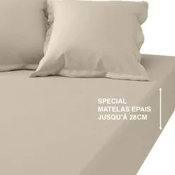 Drap Housse Grand Bonnet Percale De Coton TERTIO® - Beige Ficelle