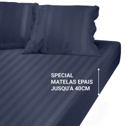 Drap Housse Grand Bonnet XL Satin De Coton rayé TERTIO® - Bleu indigo