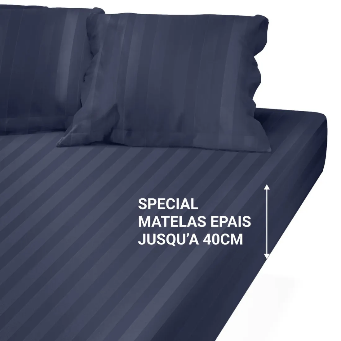 Drap Housse Grand Bonnet XL Satin De Coton rayé TERTIO® - Bleu indigo