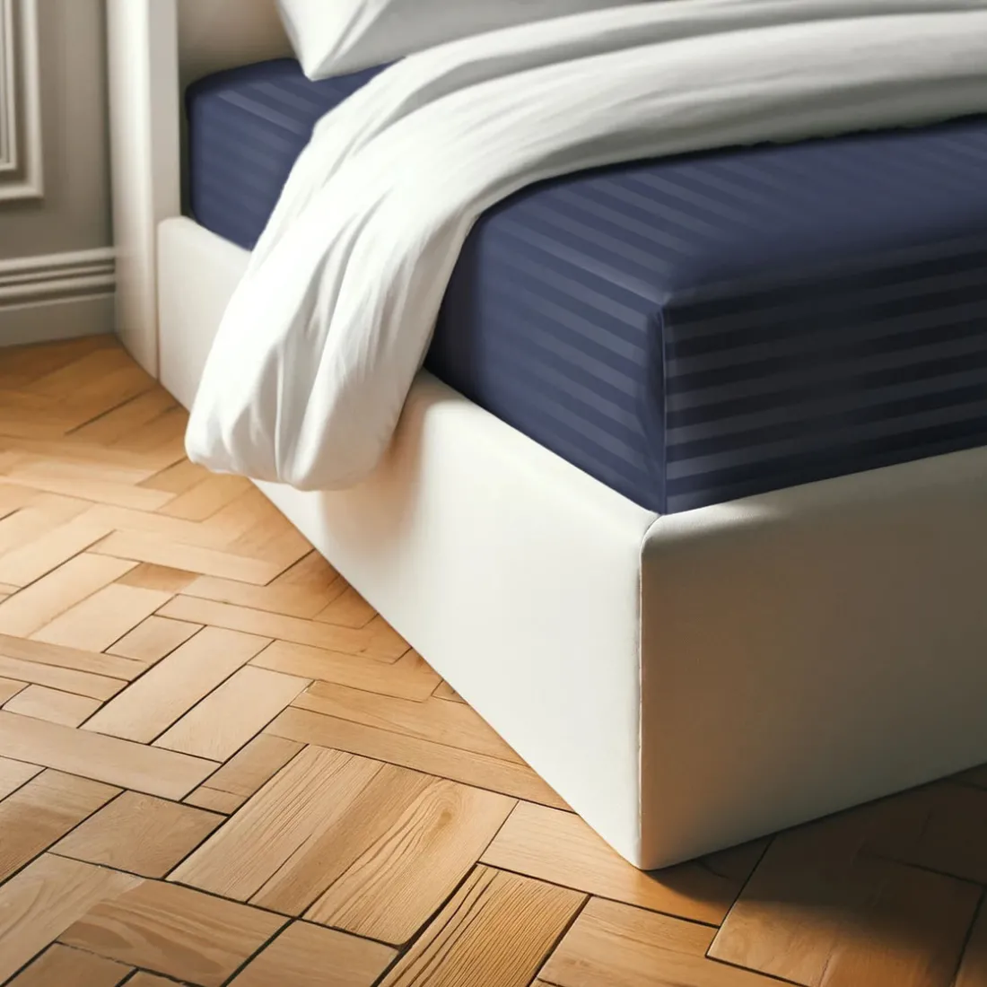 Drap Housse Grand Bonnet XL Satin De Coton rayé TERTIO® - Bleu indigo
