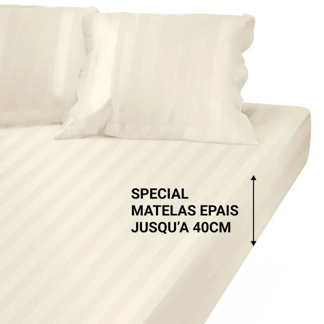 Drap Housse Grand Bonnet XL satin de coton rayé TERTIO® - Ecru