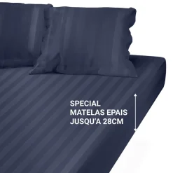 Drap Housse Grand Bonnet Satin De Coton rayé TERTIO® -Bleu indigo