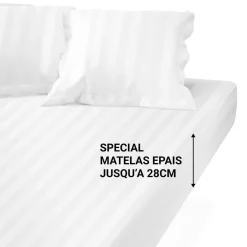 Drap Housse Grand Bonnet Satin De Coton rayé TERTIO® -Blanc