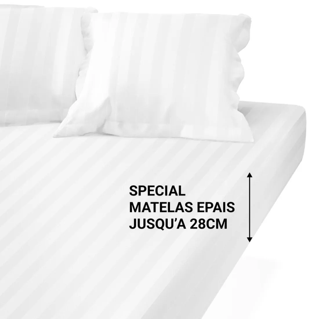 Drap Housse Grand Bonnet Satin De Coton rayé TERTIO® -Blanc