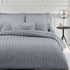 Drap Housse satin de Coton rayé TERTIO® - Gris Perle