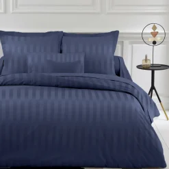 Drap Housse satin de Coton rayé TERTIO® - Bleu indigo