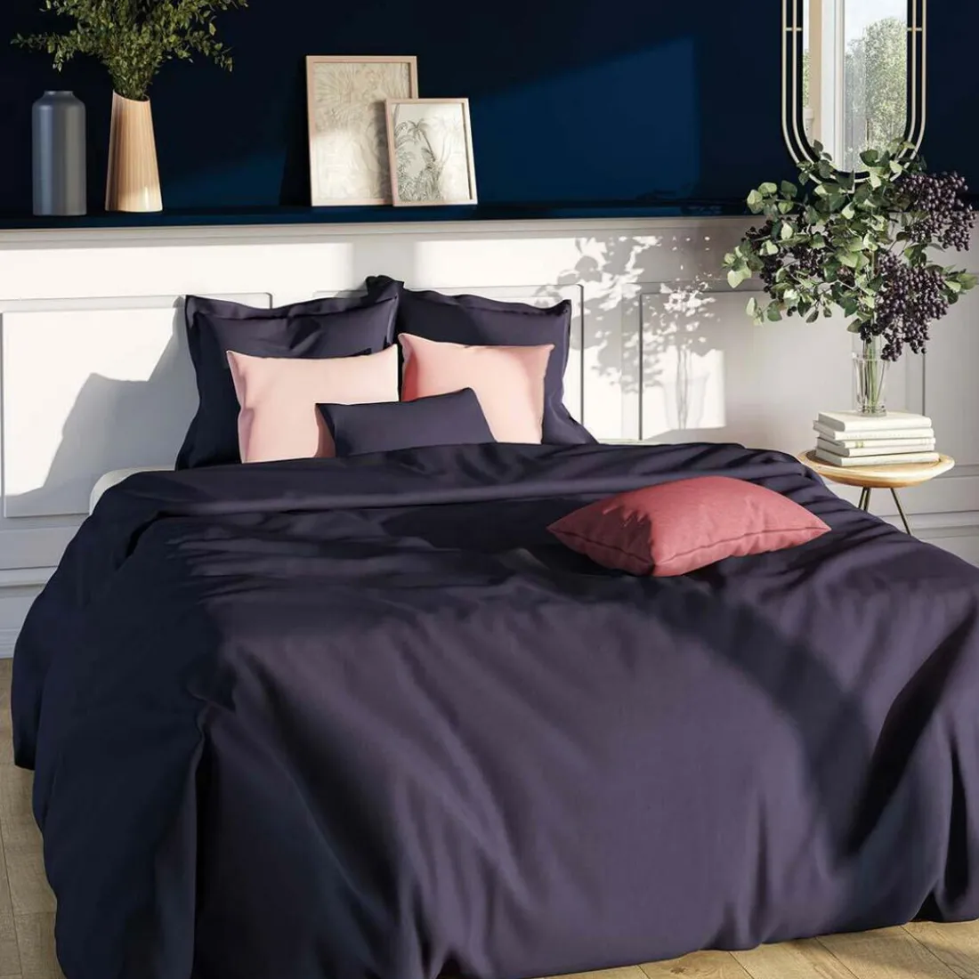 Drap housse uni spécial sommier articulés satin de coton TERTIO® - Bleu indigo