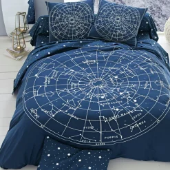Drap plat coton motifs CONSTELLATION Bleu marine