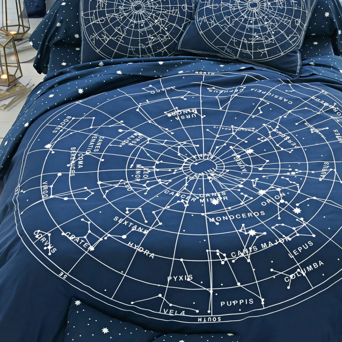 Drap plat coton motifs CONSTELLATION Bleu marine