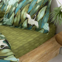 Drap plat en coton DEPAYSANT feuilles tropicales vert bronze