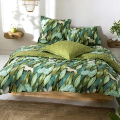 Drap plat en coton DEPAYSANT feuilles tropicales vert bronze