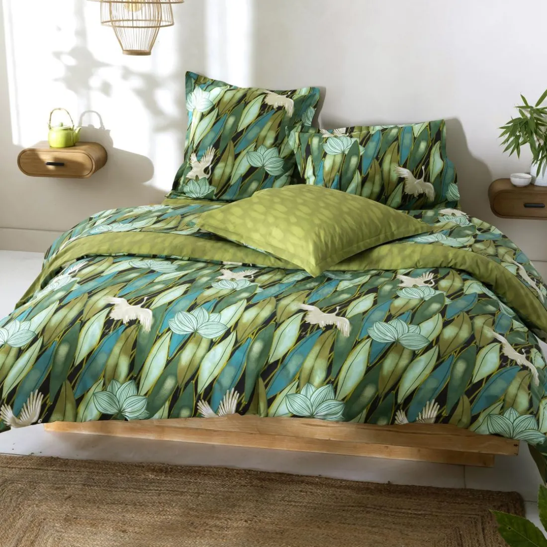 Drap plat en coton DEPAYSANT feuilles tropicales vert bronze