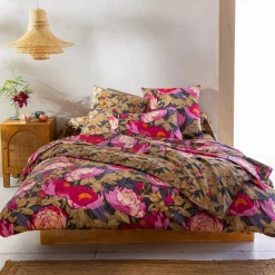 Drap plat en coton ESPRIT FLORAL rose pivoines