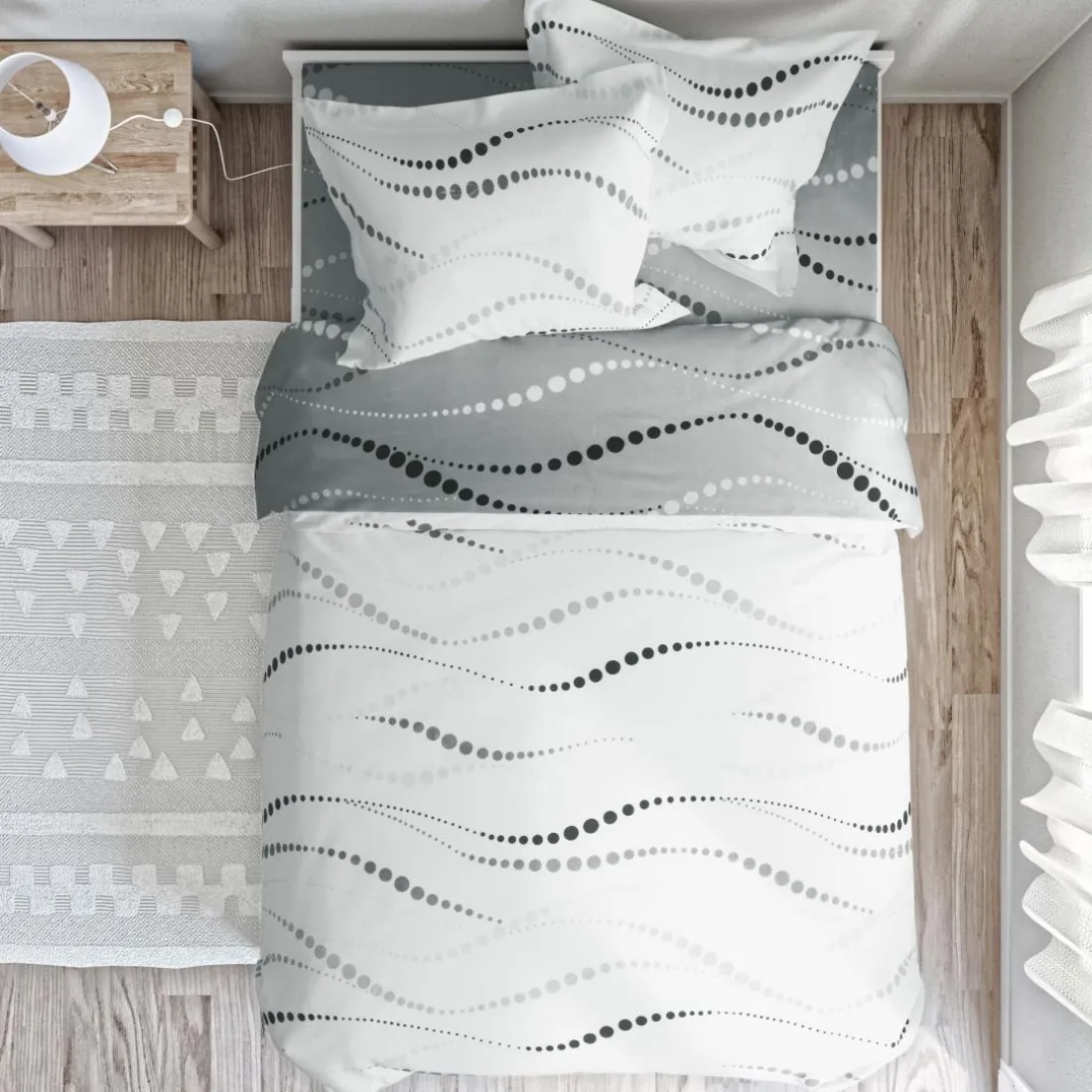 Drap plat en coton ONDES à pois blanc