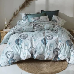 Drap plat en coton SEA SHELLS fond marins bleu