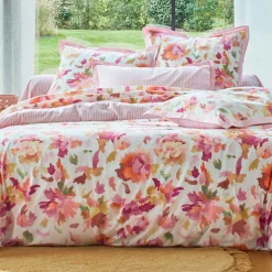 Drap plat en coton VALSE FLEURIE motif pivoines rose
