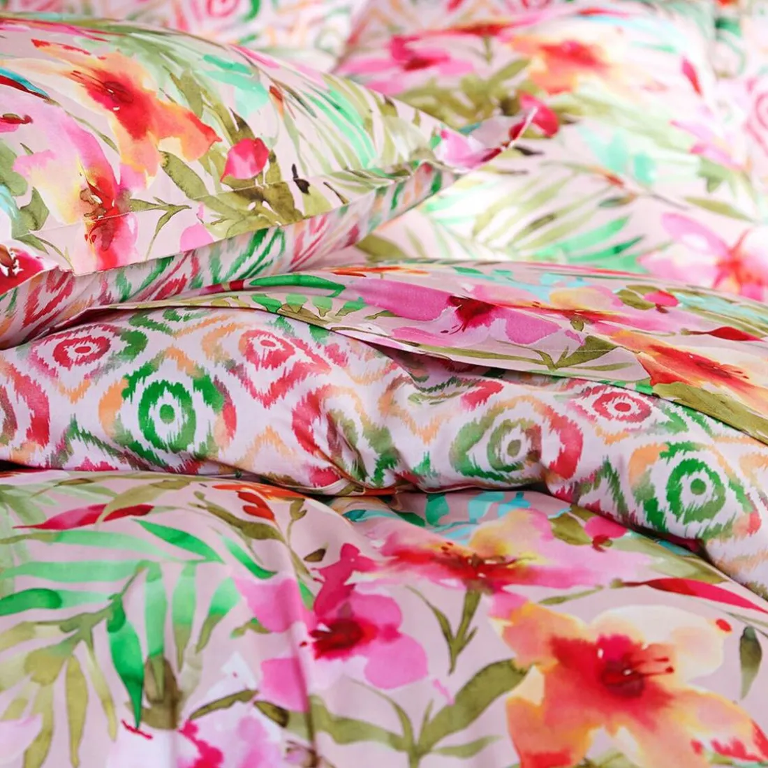 Drap plat en coton VIBRANTE motif fleurs exotiques multicolore