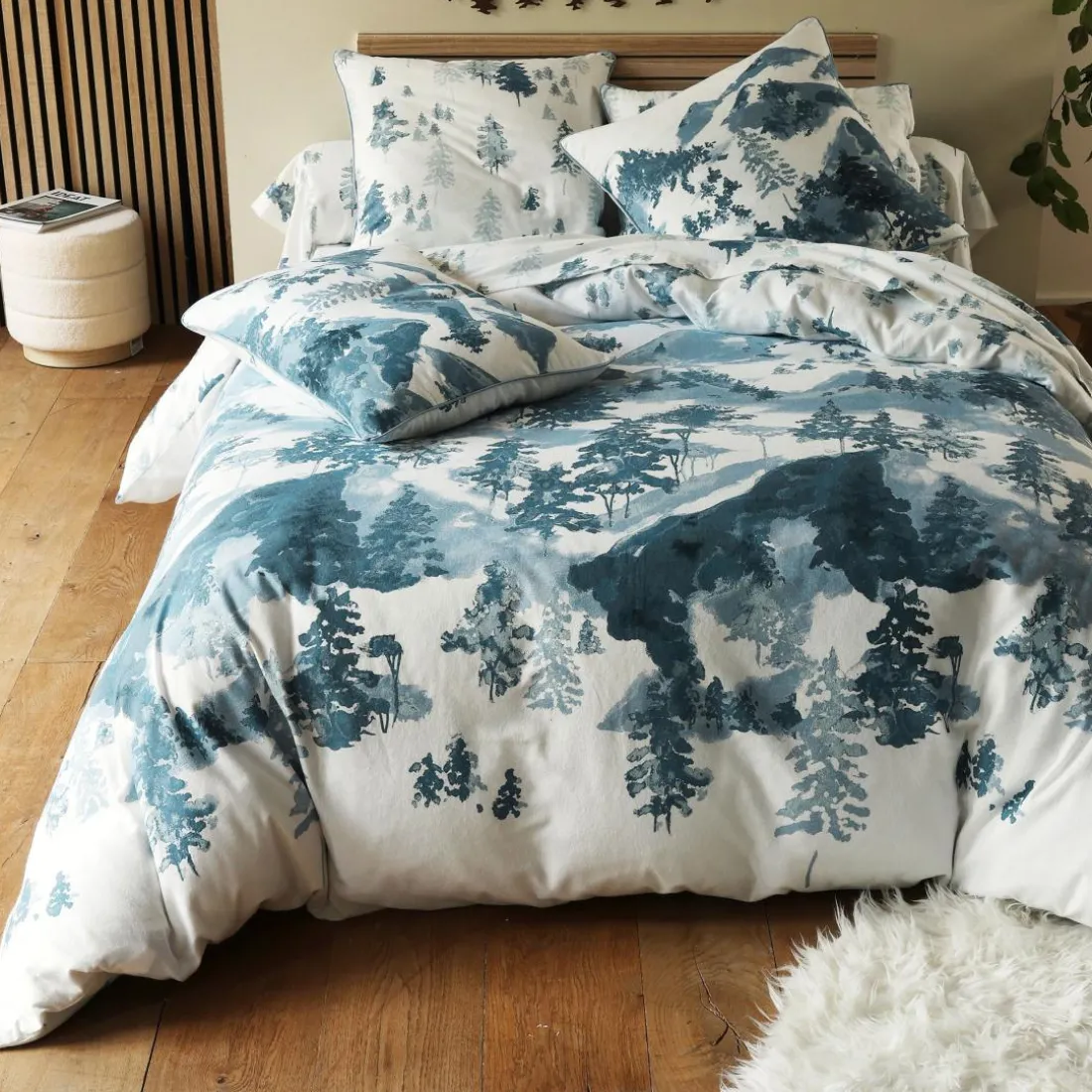 Drap plat en flanelle BLUE SALEN motif montagne, bleu