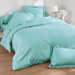 Drap plat en lin lavé uni LAUREAT bleu aqua