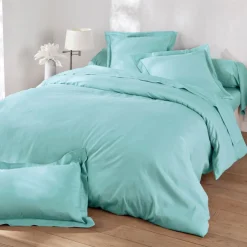 Drap plat en lin lavé uni LAUREAT bleu aqua