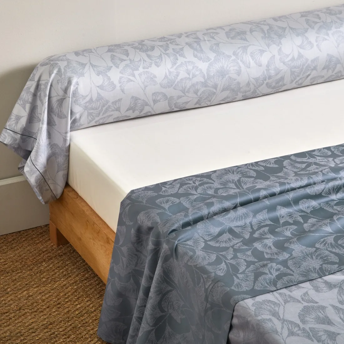 Drap plat en satin de coton GINGKO Bleu Corinthe