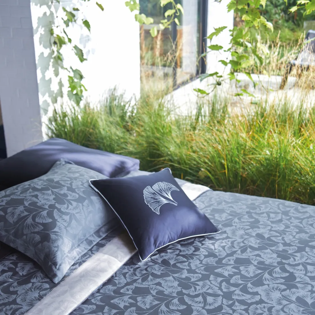 Drap plat en satin de coton GINGKO Bleu Corinthe