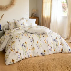 Drap plat imprimé motifs feuilles en Coton ALBA Jaune
