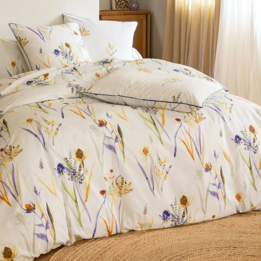Drap plat imprimé motifs feuilles en Coton ALBA Jaune