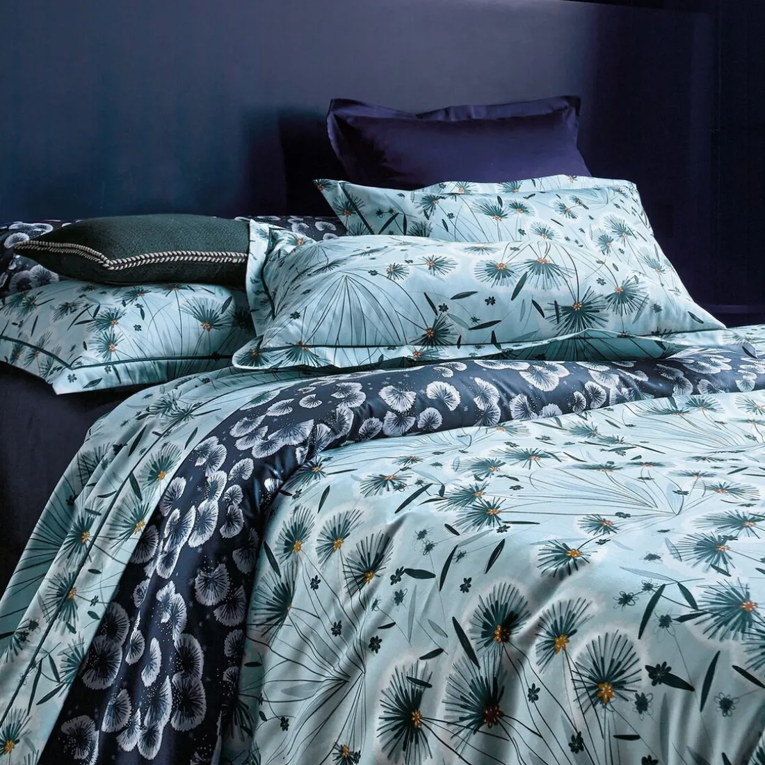 Drap plat satin FLOREA Bleu céleste