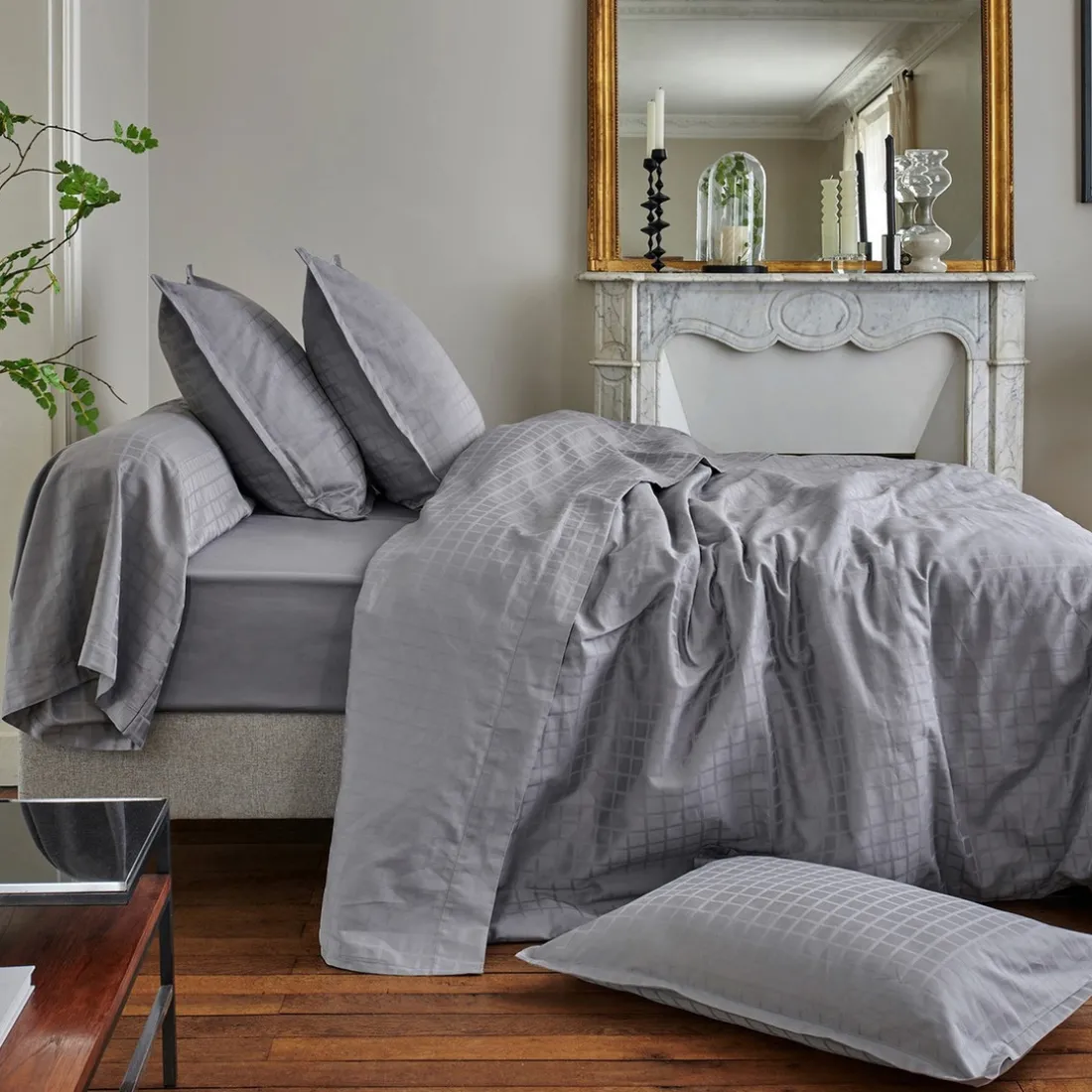 Drap plat satin jacquard carreaux PALACE Ardoise