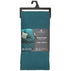 Drap-housse en coton, bleu canard, bonnet H30cm, 140x190 cm