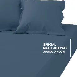 Drap-housse grand bonnet XL satin de Coton uni TERTIO® - Bleu Indigo