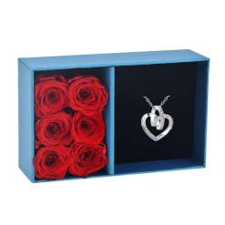 Ecrin à bijou So Charm - collier cœur et 6 roses éternelles rouge