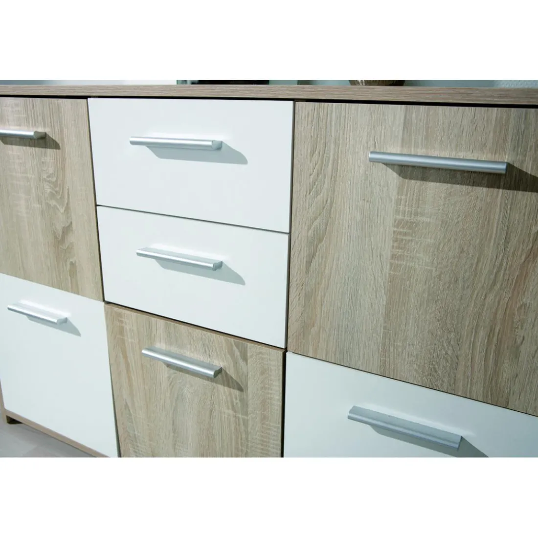 Enfilade de 7 rangements en bois 115 x 30 CM Blanche et Naturelle ELVEZIA