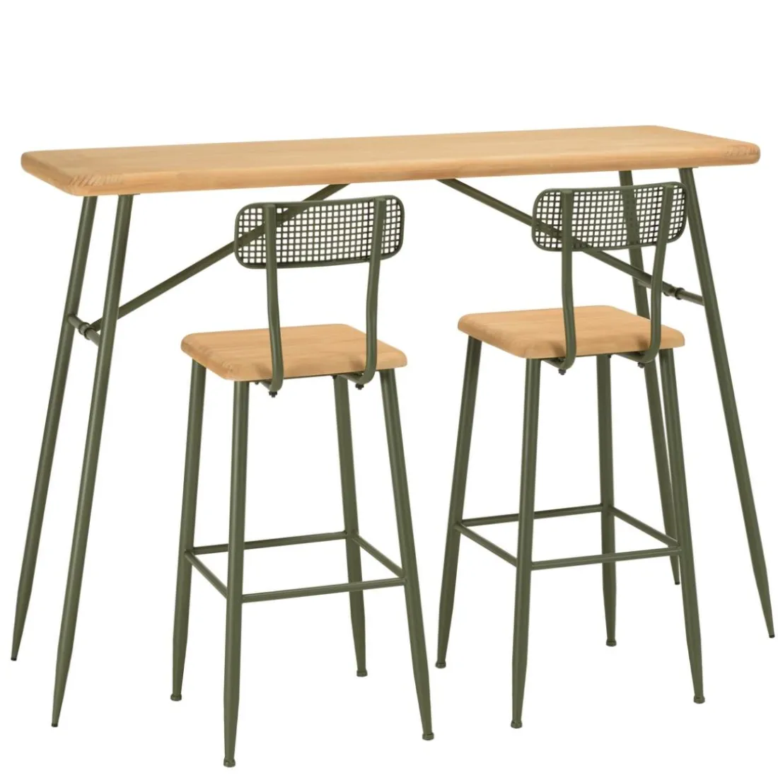 Ensemble 1 bar avec 2 tabourets pin et métal vert HELENA