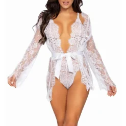 Ensemble 3 pièces - Body, robe dentelle et ceinture en satin - Blanc Leg Avenue