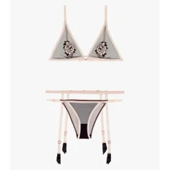 Ensemble 3 pièces - Soutien-gorge triangle - Slip mini-coeur - Porte-jarretelles - Rose