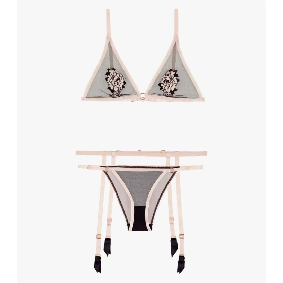 Ensemble 3 pièces - Soutien-gorge triangle - Slip mini-coeur - Porte-jarretelles - Rose