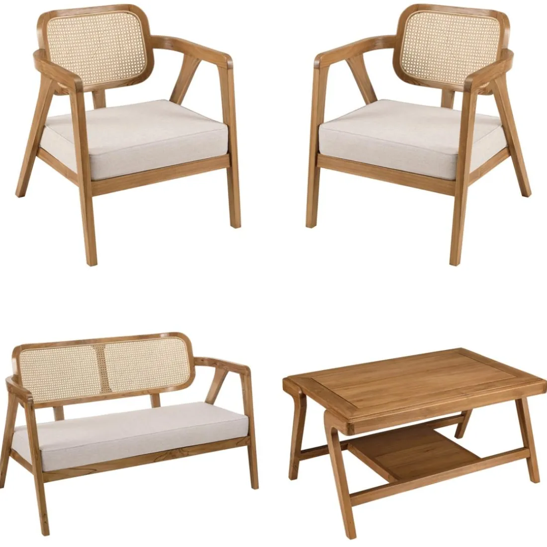 Ensemble canapé 2 places 2 fauteuils et 1 table basse FLORES en teck WILL Marron