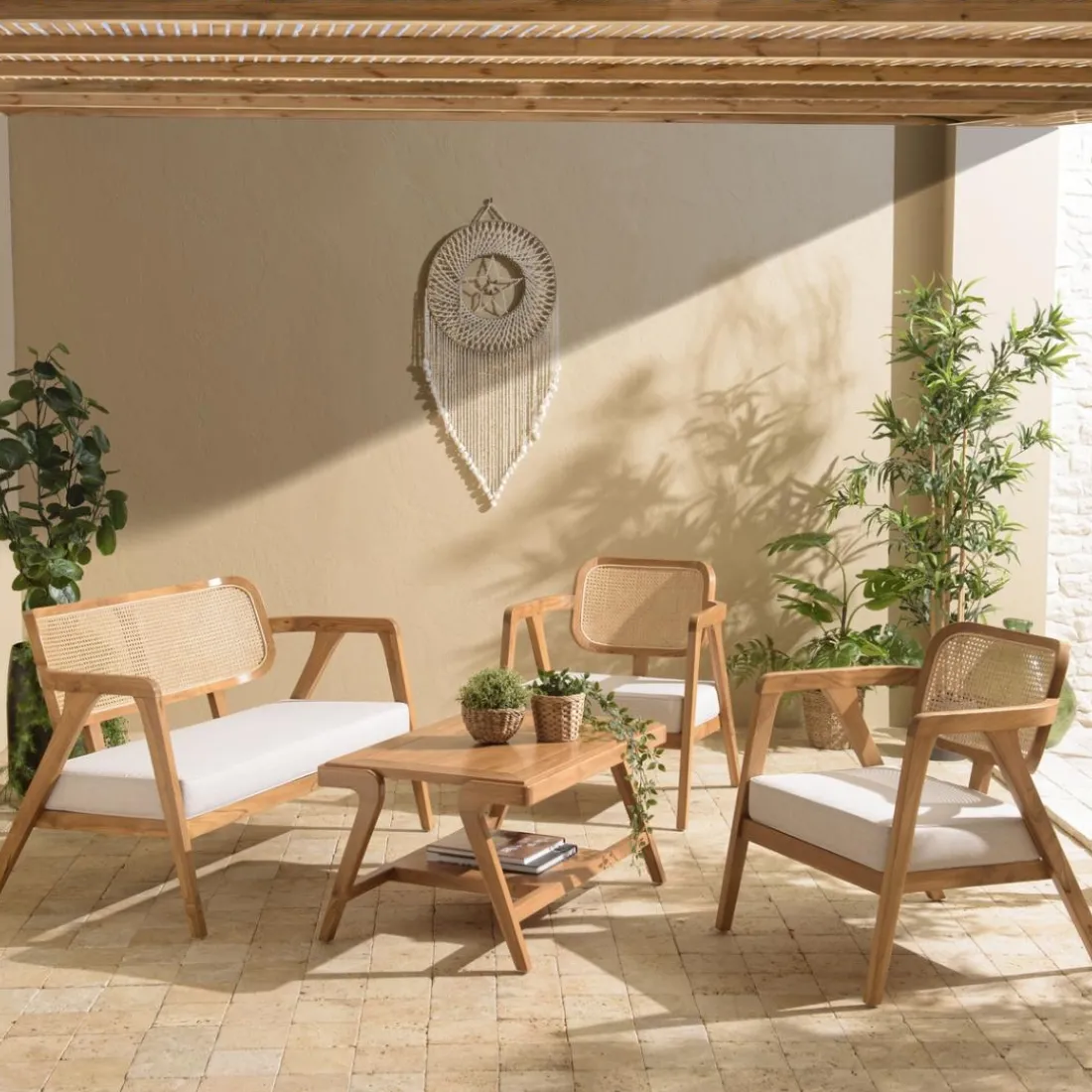 Ensemble canapé 2 places 2 fauteuils et 1 table basse FLORES en teck WILL Marron