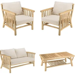 Ensemble canapé 2 places 2 fauteuils et une 1 table basse BORNEO en teck WILL Blanc