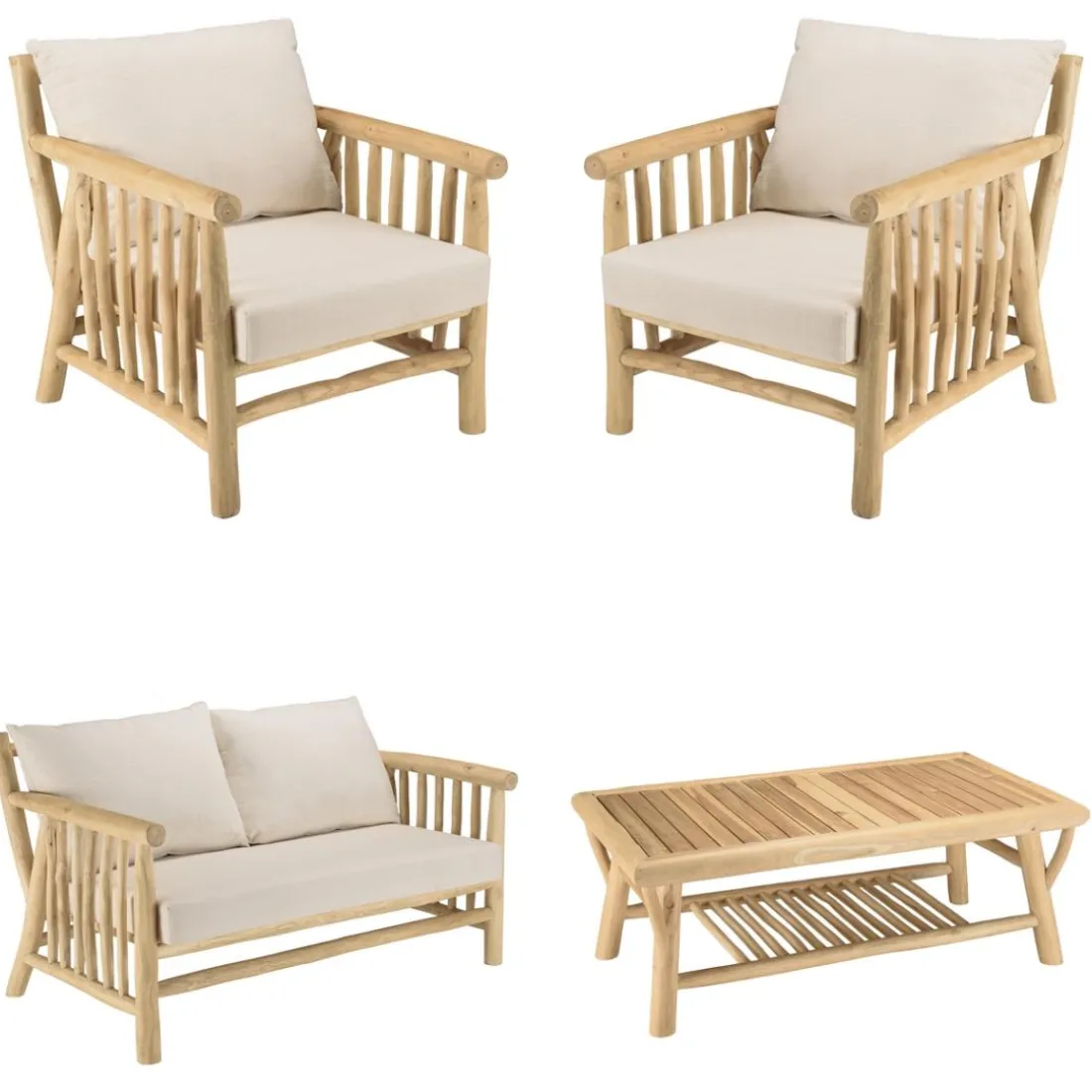 Ensemble canapé 2 places 2 fauteuils et une 1 table basse BORNEO en teck WILL Blanc