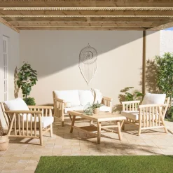 Ensemble canapé 2 places 2 fauteuils et une 1 table basse BORNEO en teck WILL Blanc