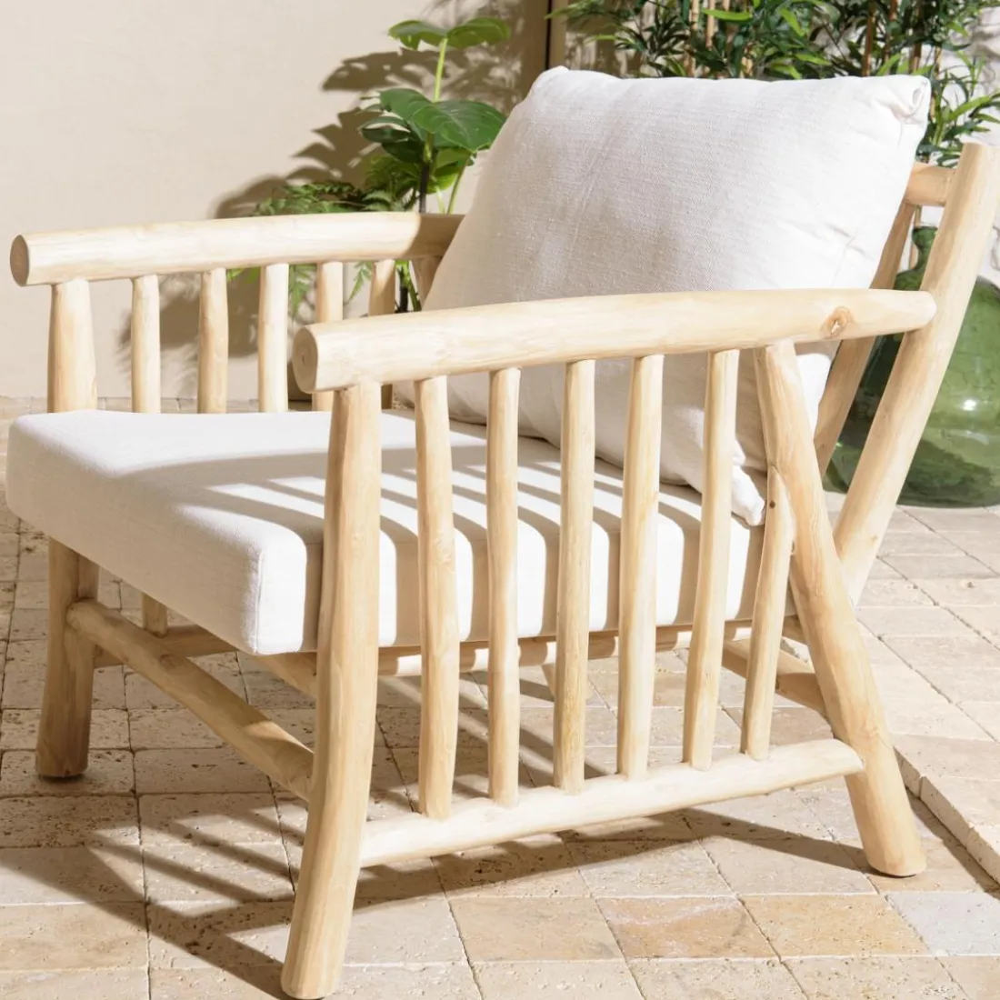 Ensemble canapé 2 places 2 fauteuils et une 1 table basse BORNEO en teck WILL Blanc
