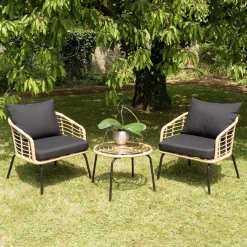 Ensemble de 2 fauteuils rotin synthétique et table basse ronde MALO
