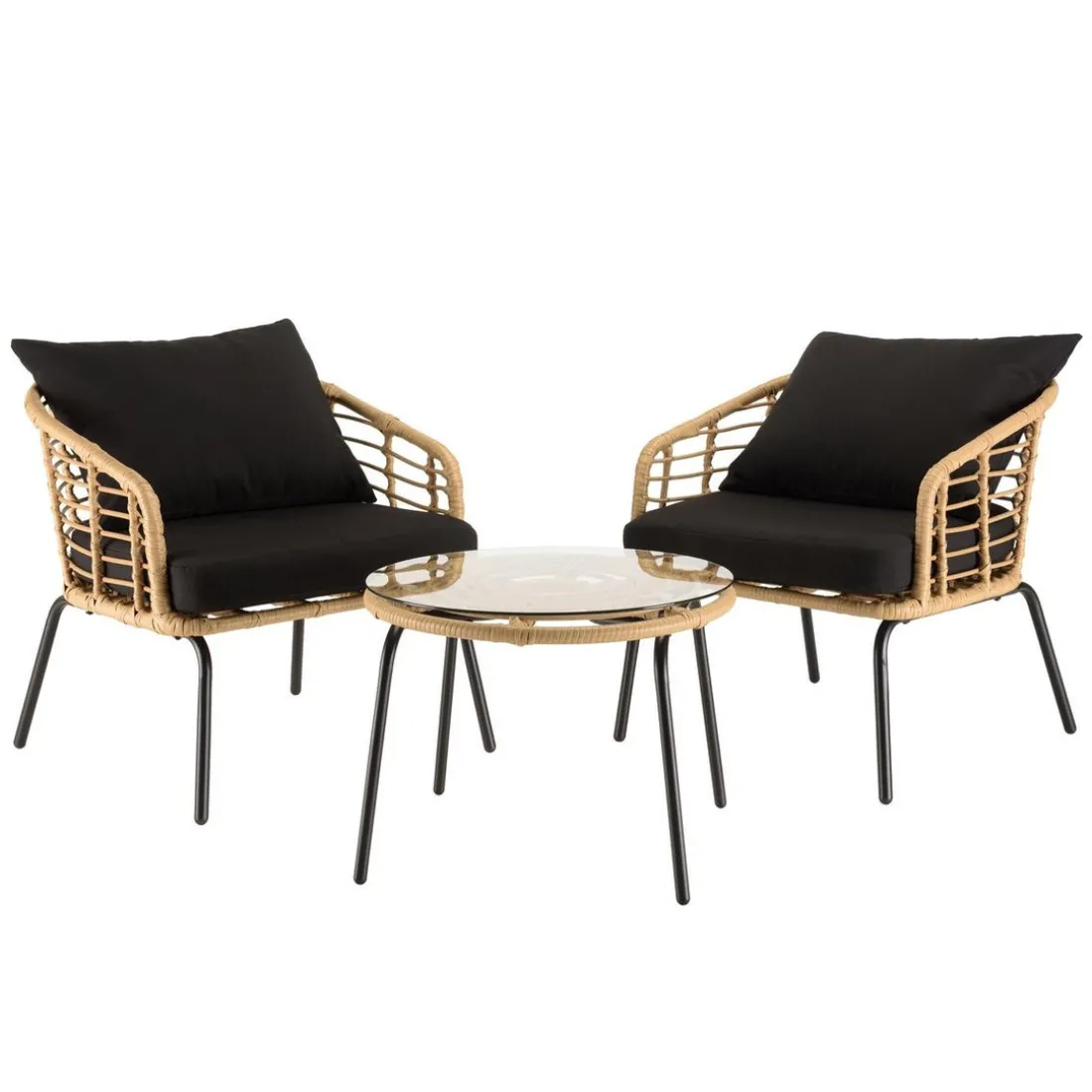 Ensemble de 2 fauteuils rotin synthétique et table basse ronde MALO